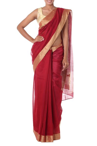 Cotton and silk blend sari, 'Passionate Red' - Artisan Designed Crimson Silk and Cotton Blend Sari