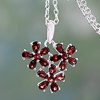 Garnet pendant necklace, 'Bouquet of Passion' - Garnet Flower Pendant Necklace in Rhodium Plated Silver