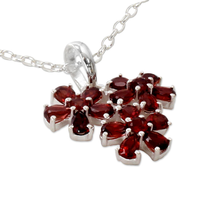 Garnet pendant necklace, 'Bouquet of Passion' - Garnet Flower Pendant Necklace in Rhodium Plated Silver