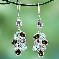 Amethyst, quartz, and blue topaz dangle earrings, 'Smoky Beauty' - Silver Gem Amethyst Quartz Topaz Dangle Earrings from India
