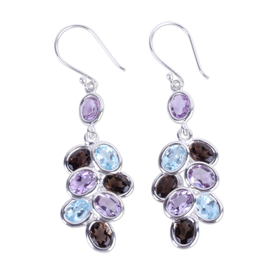 Amethyst, quartz, and blue topaz dangle earrings, 'Smoky Beauty' - Silver Gem Amethyst Quartz Topaz Dangle Earrings from India