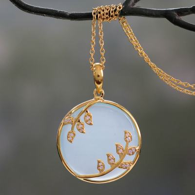 Gold vermeil chalcedony pendant necklace, 'Dewdrop Nature' - Gold Vermeil Aqua Chalcedony Necklace with Cubic Zirconia
