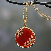Gold vermeil onyx pendant necklace, 'Red Dewdrop Nature' - Handcrafted Gold Vermeil Necklace with Red Onyx and CZ