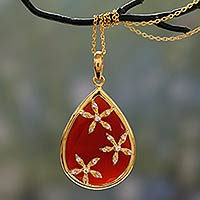 Gold vermeil onyx pendant necklace, 'Red Floral Kiss' - Gold Vermeil Red Onyx Teardrop Necklace with Cubic Zirconia