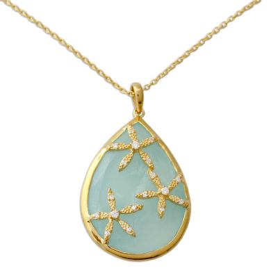 Gold vermeil chalcedony pendant necklace, 'Aqua Floral Kiss' - Aqua Chalcedony 18k Gold Vermeil Cubic Zirconia Necklace