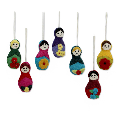 Wool ornaments, 'Seven Sisters' (set of 7) - Set of 7 Different Girl Ornaments Made of Wool Felt