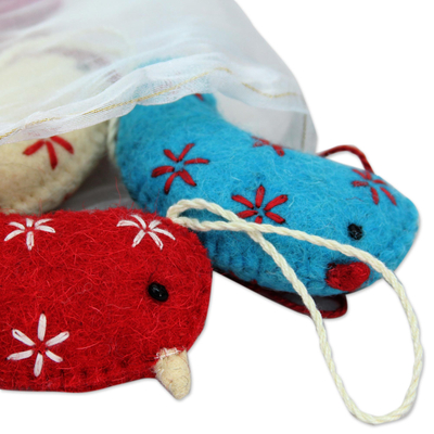 Wool felt ornaments, 'Messengers of Joy' (set of 4) - Assorted Color Wool Bird Ornaments from India (Set of 4)