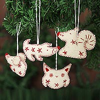Wool felt ornaments, 'Unity' (set of 4) - Ivory and Red Wool Felt Animal Ornaments (Set of 4)