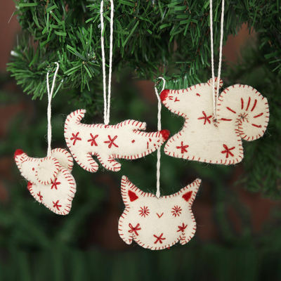 Wollfilz-Ornamente, (4er-Set) - Tierornamente aus Wollfilz in Elfenbein und Rot (4er-Set)
