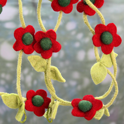 Wool felt garland, 'Holiday Begonias' - Hand Crafted Floral Christmas Tree Garland in Wool Felt