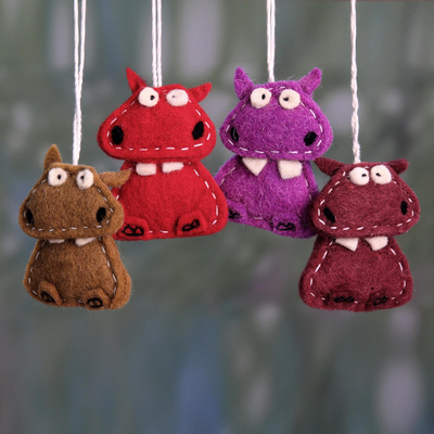 Wool felt ornaments, 'Curious Hippos' (set of 4) - Assorted Color Wool Felt Hippo Ornaments (Set of 4)