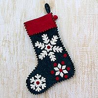 Wool felt holiday stocking, 'Snowflake Cheer' - Snowflake Motif Holiday Stocking in Green Wool Felt