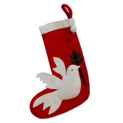 Wool felt holiday stocking, 'Peaceful Dove' - Peace Themed Red Holiday Stocking with Dove Motif