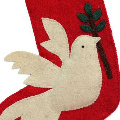 Media navideña de fieltro de lana - Media navideña roja con temática de paz y motivo de paloma
