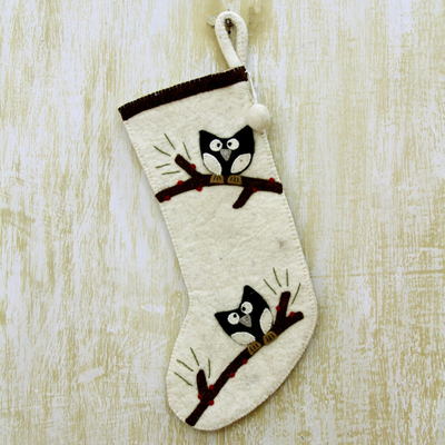 Wool felt holiday stocking, 'Jolly Owls' - Ivory Wool Felt Christmas Stocking with Owl Motif