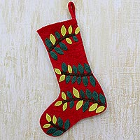Wool felt stocking, 'Jungle Christmas' - Red Wool Felt Christmas Stocking with Leafy Vine Applique