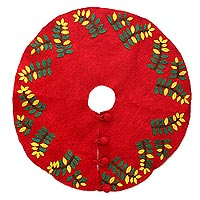 Wool felt tree skirt, 'Jungle Christmas' - Red and Green Wool Christmas Tree Skirt from India