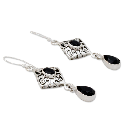 Onyx dangle earrings, 'Regal in Black' - Ornate Black Onyx and Sterling Silver Dangle Style Earrings