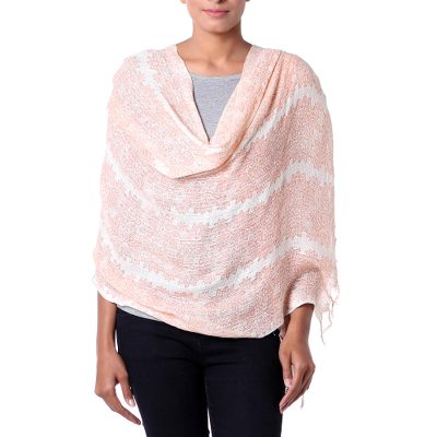 Viscose shawl, 'Pretty Peach Blossoms' - Ecru and Orange Viscose Floral Shawl with Sequins