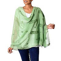 Schal aus Baumwoll- und Seidenmischung, „Green Paisley Dreams“ – Transparenter, leichter Schal aus grüner Paisley-Baumwollmischung