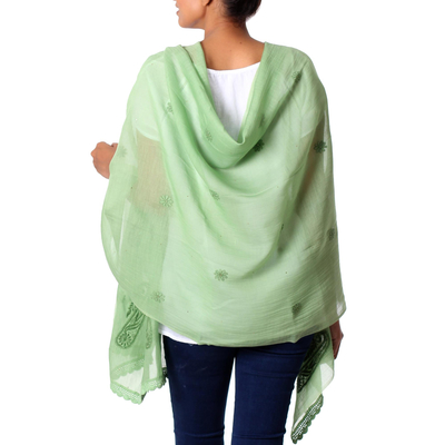 Cotton and silk blend shawl, 'Green Paisley Dreams' - Sheer Lightweight Green Paisley Cotton Blend Shawl