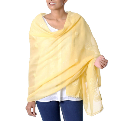 Cotton and silk blend shawl, 'Yellow Paisley Dreams' - Paisley Shawl in Cotton and Silk Blend with Embroidery