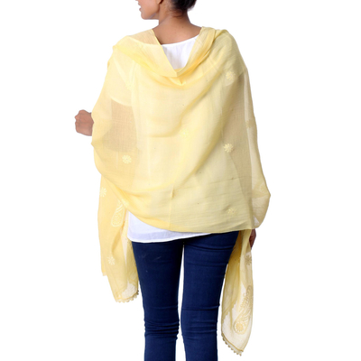 Cotton and silk blend shawl, 'Yellow Paisley Dreams' - Paisley Shawl in Cotton and Silk Blend with Embroidery