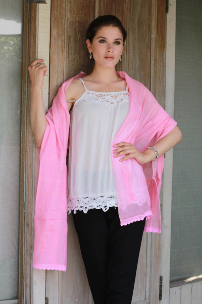 Cotton and silk blend shawl, Pink Paisley Dreams