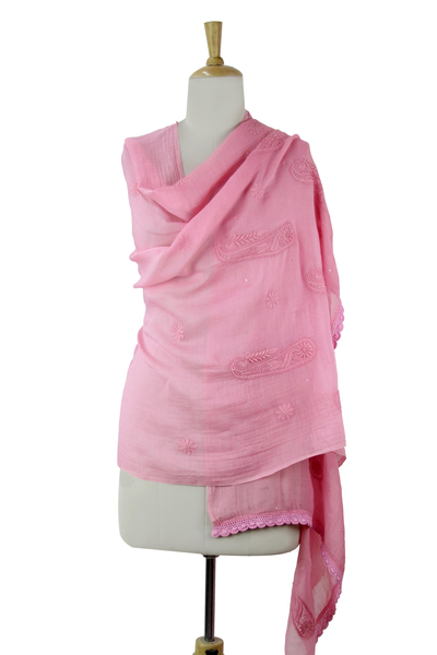 Cotton and silk blend shawl, 'Pink Paisley Dreams' - Hand Embroidered Pink Paisley Shawl from Indian Artisan