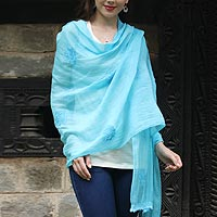 Cotton and silk blend shawl, 'Lucknow Bouquet in Blue'