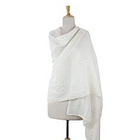 Cotton and silk blend shawl, 'Lucknow Daisies in White' - White Floral Chikankari Style Cotton and Silk Shawl