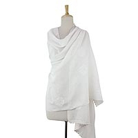 Cotton and silk blend shawl, 'Lucknow Bouquet in White' - Sheer White Cotton and Silk Shawl with Floral Embroidery