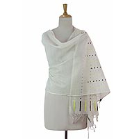 Cotton and silk blend shawl, 'Telegraph in Ivory' - Ivory Cotton and Silk Blend Shawl with Dot Motifs