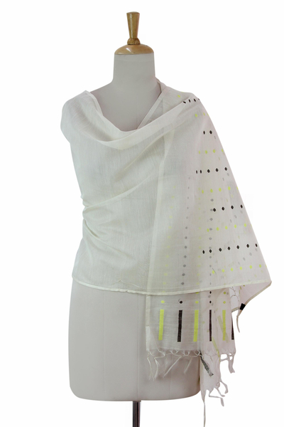 Cotton and silk blend shawl, 'Telegraph in Ivory' - Ivory Cotton and Silk Blend Shawl with Dot Motifs