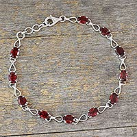 Garnet link bracelet, 'Crimson Relay' - Eleven Carat Garnet Link Bracelet in Rhodium Plated Silver