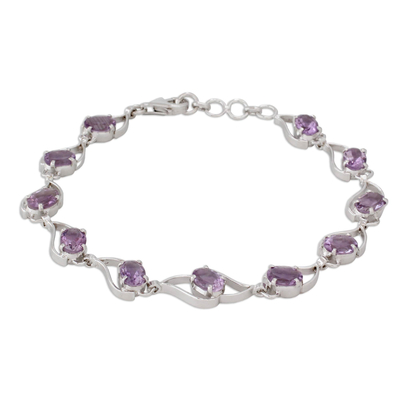 Amethyst link bracelet, 'Lilac Waves' - Amethyst and Rhodium Plated Sterling Silver Bracelet