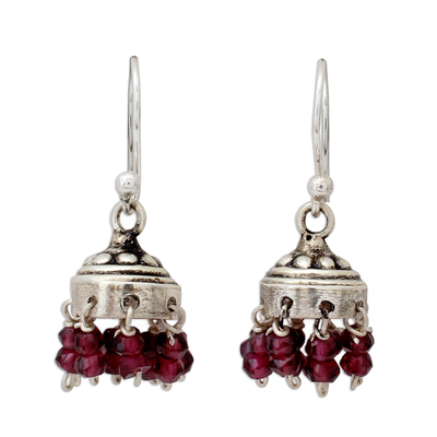 Garnet dangle earrings, 'Traditional Grace' - Jhumki Style Earrings with Sterling Silver and Garnets