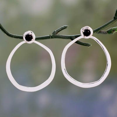 Onyx drop earrings, 'Singularity' - Contemporary Drop Earrings in Sterling Silver with Onyx