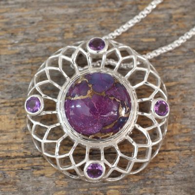Amethyst pendant necklace, 'Purple Web' - Amethyst and Composite Purple Turquoise Pendant Necklace