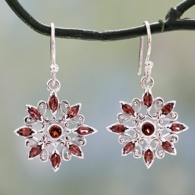 Garnet dangle earrings, 'Star Gala in Red' - Marquise Cut Garnet Dangle Earrings in Sterling Silver