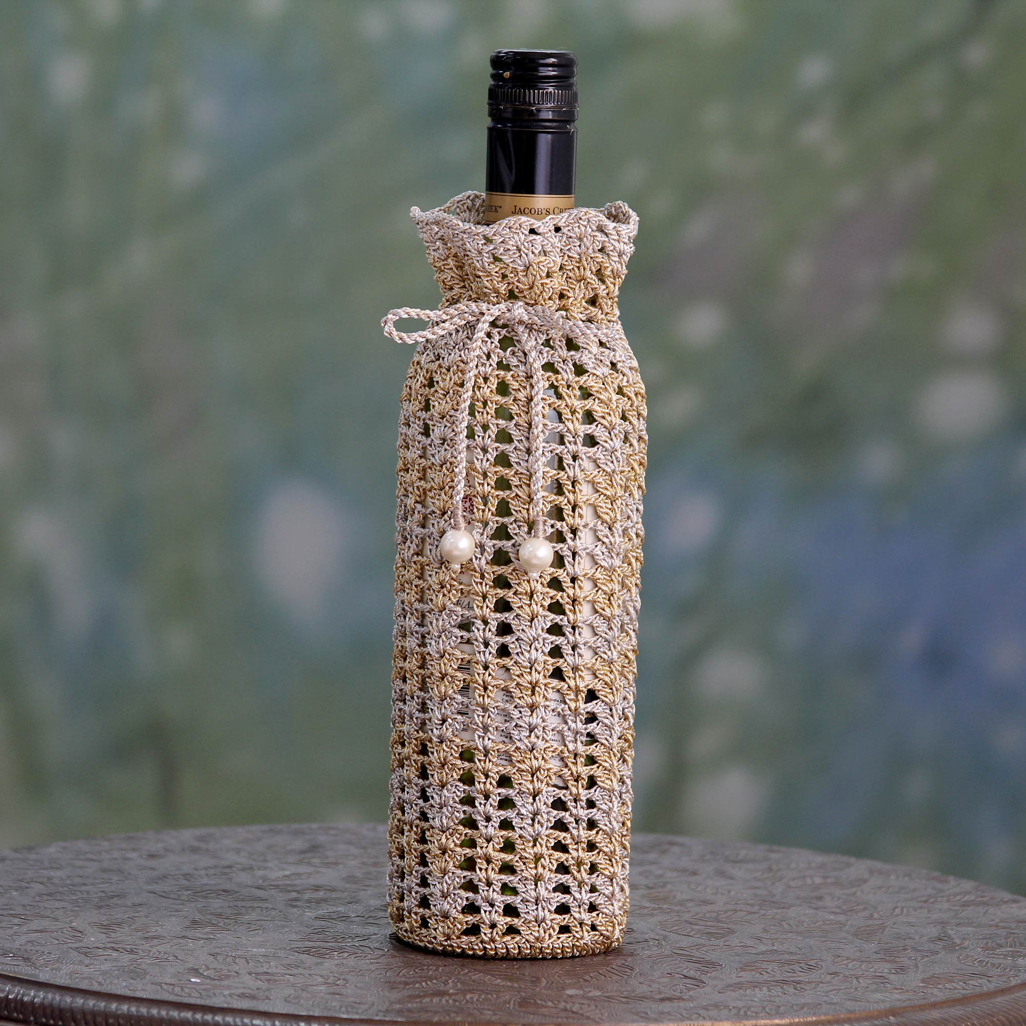 Hand Crocheted Wine Bottle Holder in Silver and Gold Colors Precious