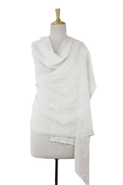 Cotton and silk shawl, 'Floral Ivory Paisley' - Hand Embroidered Off-White Indian Cotton Blend Shawl