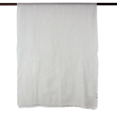 Schal aus Baumwolle und Seide - Handbestickter Schal aus indischer Baumwollmischung in gebrochenem Weiß