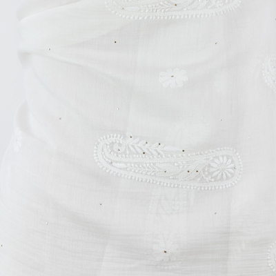 Schal aus Baumwolle und Seide - Handbestickter Schal aus indischer Baumwollmischung in gebrochenem Weiß