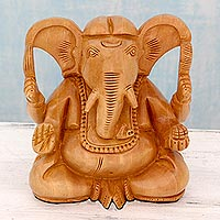 Wood sculpture, 'Auspicious Deity' - Artisan Crafted Kadam Wood Ganesha Sculpture
