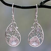 Pendientes colgantes de cuarzo rosa y piedra lunar arcoíris - Pendientes de Plata en Forma de Paisley con Gemas de Cuarzo Rosa