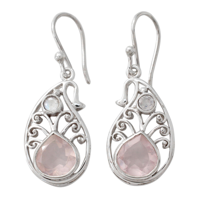 Ohrhänger aus Rosenquarz und Regenbogenmondstein - Paisleyförmige Silberohrringe mit Rosenquarz-Edelsteinen