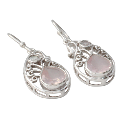 Rose quartz and rainbow moonstone dangle earrings, 'Festive Paisley' - Paisley Shaped Silver Earrings with Rose Quartz Gems