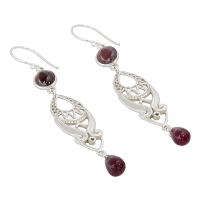 Ruby and garnet dangle earrings, 'Mughal Mystery' - Long Ruby and Garnet Earrings in Sterling Silver from India