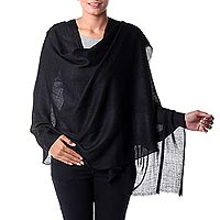 Wool blend shawl, 'Black Diamonds' - Black Wool and Viscose Shawl with Diamond Pattern
